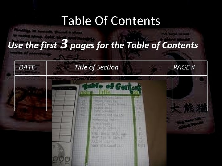 Table Of Contents Use the first DATE 3 pages for the Table of Contents