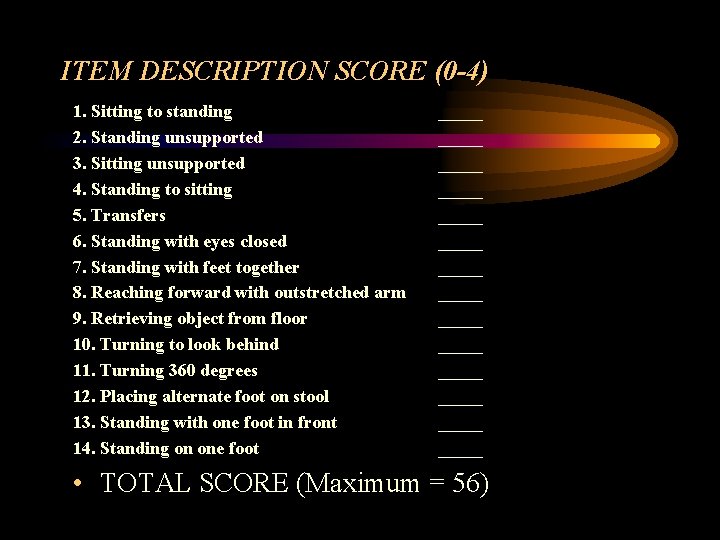 ITEM DESCRIPTION SCORE (0 -4) 1. Sitting to standing 2. Standing unsupported 3. Sitting