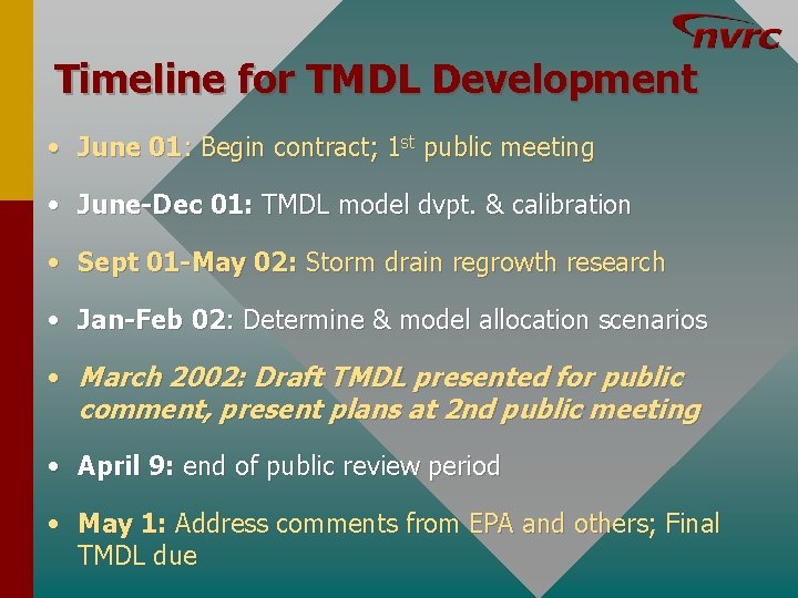 Timeline for TMDL Development • June 01: Begin contract; 1 st public meeting •