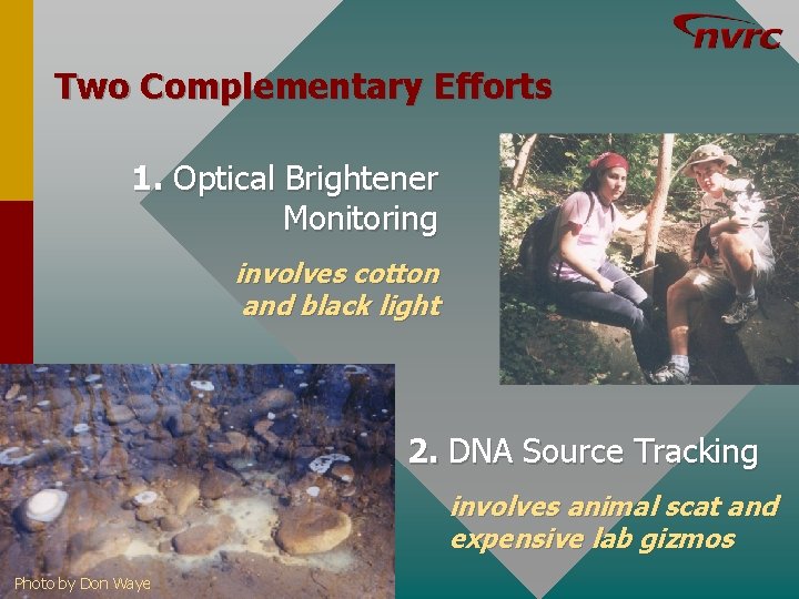 Two Complementary Efforts 1. Optical Brightener Monitoring involves cotton and black light 2. DNA