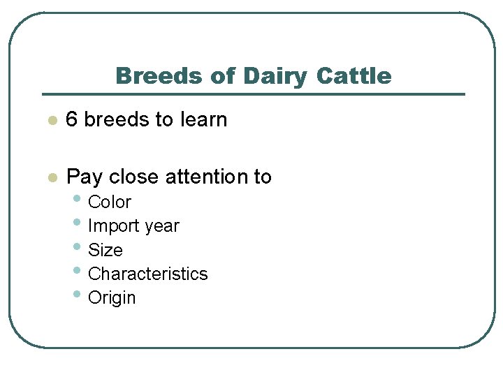 Breeds of Dairy Cattle l 6 breeds to learn l Pay close attention to