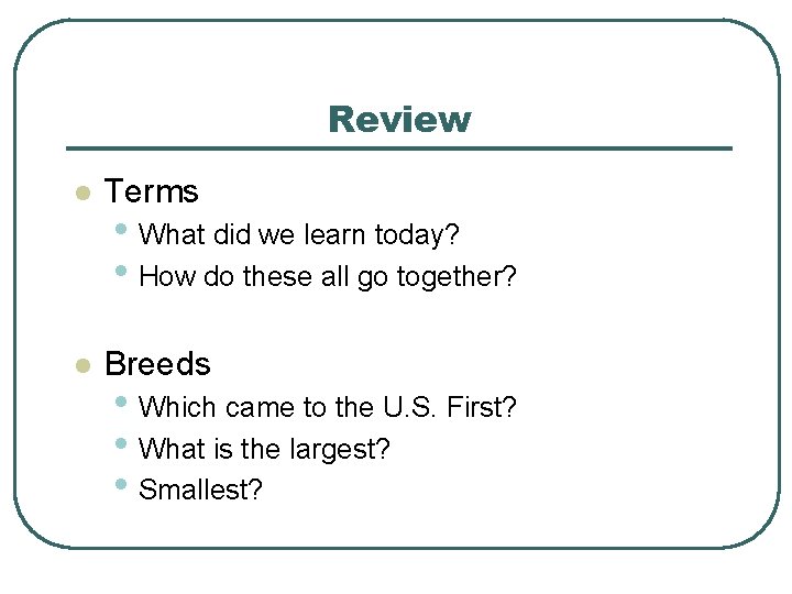 Review l Terms l Breeds • What did we learn today? • How do