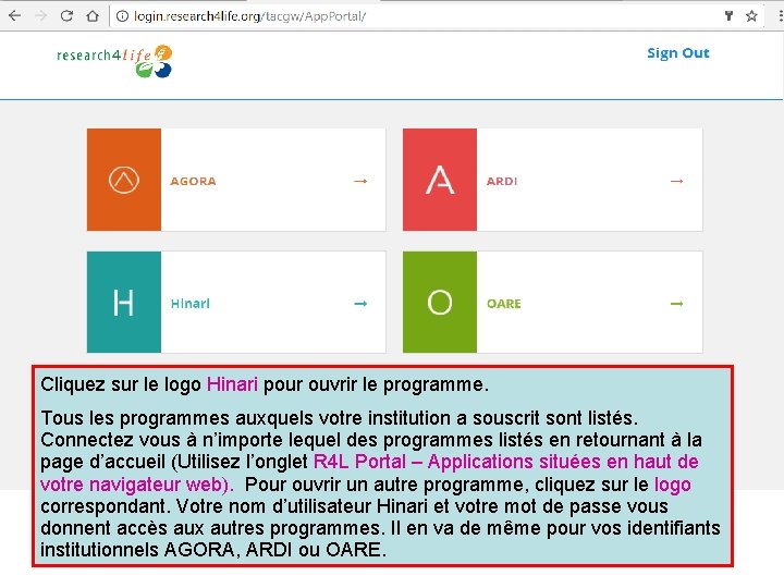 Cliquez sur le logo Hinari pour ouvrir le programme. Tous les programmes auxquels votre