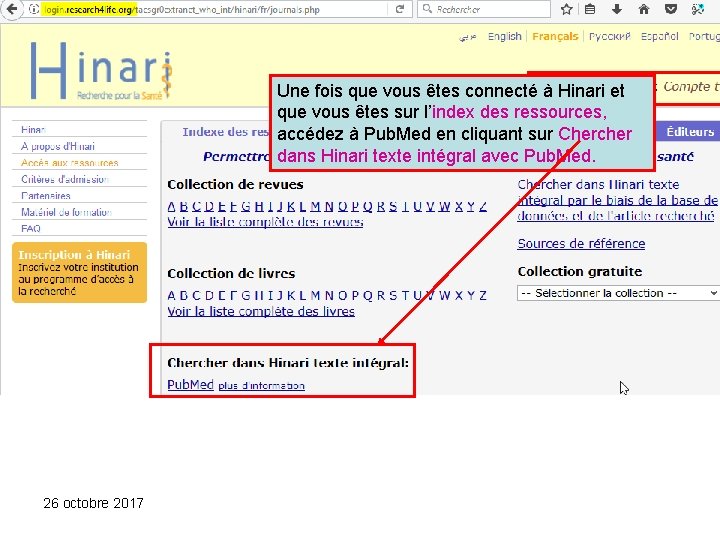 Une fois que vous êtes connecté à Hinari et que vous êtes sur l’index