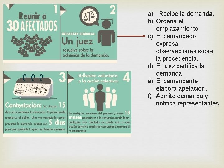 a) Recibe la demanda. b) Ordena el emplazamiento c) El demandado expresa observaciones sobre