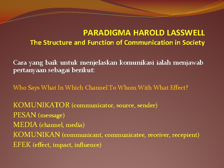 PARADIGMA HAROLD LASSWELL The Structure and Function of Communication in Society Cara yang baik