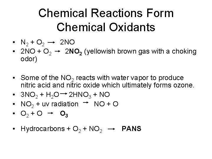 Chemical Reactions Form Chemical Oxidants • N 2 + O 2 • 2 NO