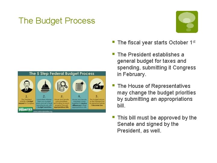 The Budget Process § The fiscal year starts October 1 st § The President