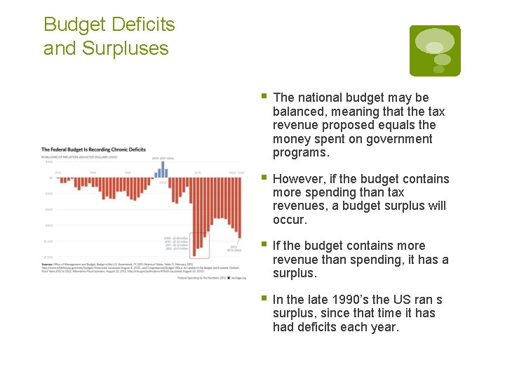 Budget Deficits and Surpluses § The national budget may be balanced, meaning that the