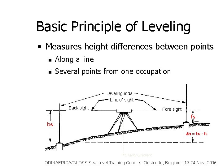 Basic Principle of Leveling • Measures height differences between points n Along a line