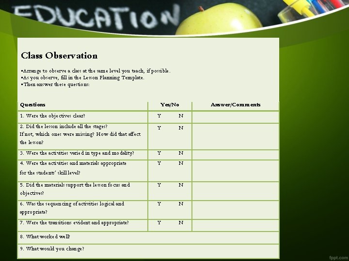 Class Observation • Arrange to observe a class at the same level you teach,