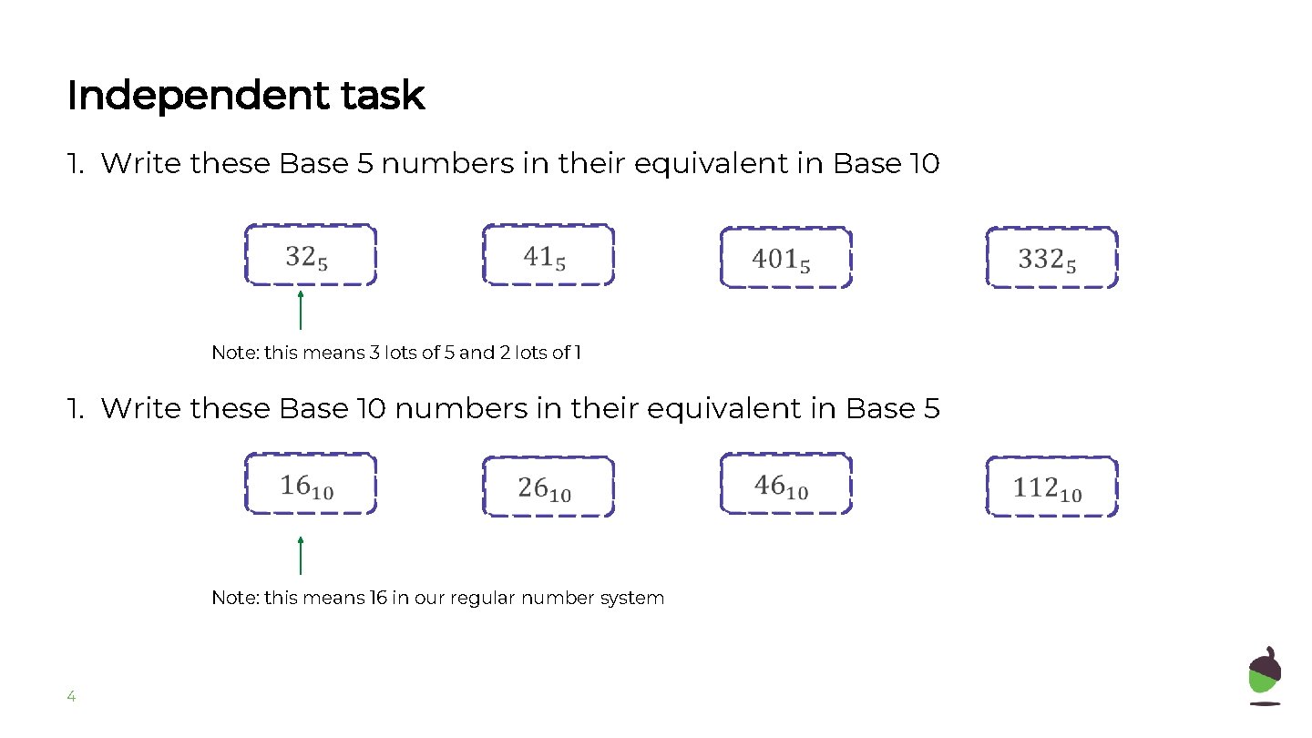 Independent task 1. Write these Base 5 numbers in their equivalent in Base 10