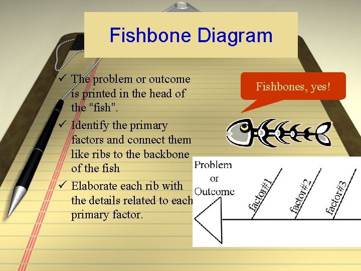 Fishbone Diagram ü The problem or outcome is printed in the head of the