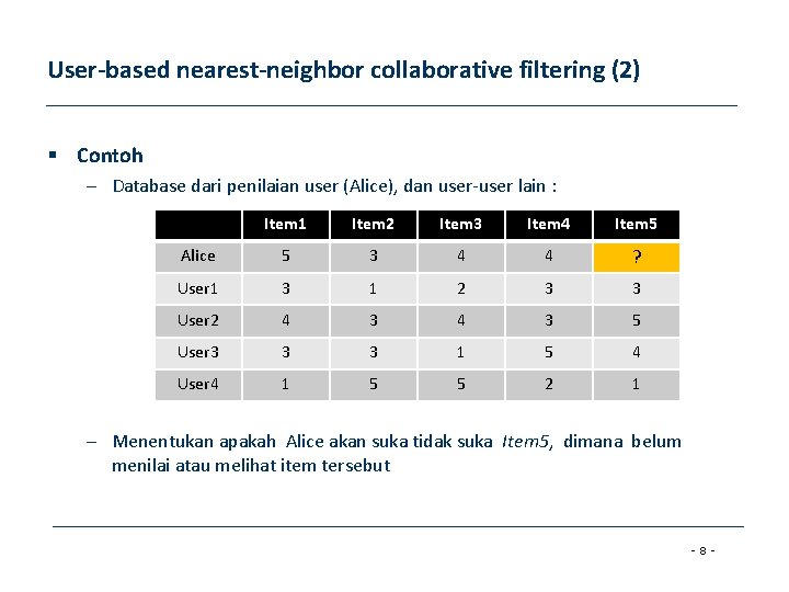 User-based nearest-neighbor collaborative filtering (2) § Contoh – Database dari penilaian user (Alice), dan