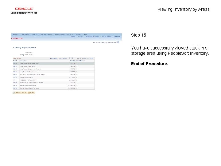 Viewing Inventory by Areas Step 15 You have successfully viewed stock in a storage