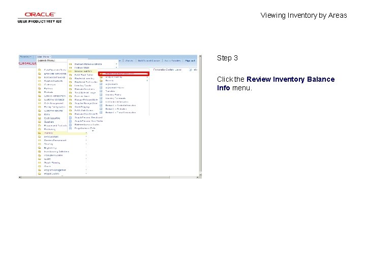 Viewing Inventory by Areas Step 3 Click the Review Inventory Balance Info menu. 