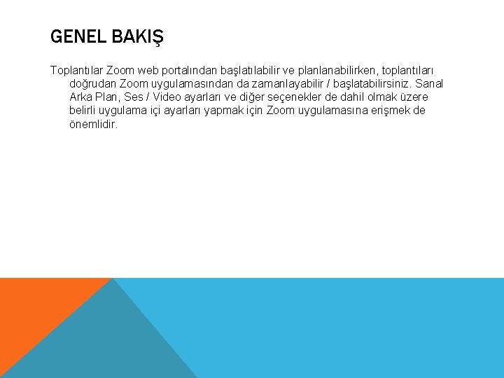 GENEL BAKIŞ Toplantılar Zoom web portalından başlatılabilir ve planlanabilirken, toplantıları doğrudan Zoom uygulamasından da