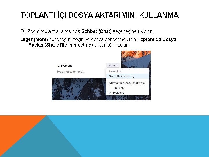 TOPLANTI İÇI DOSYA AKTARIMINI KULLANMA Bir Zoom toplantısı sırasında Sohbet (Chat) seçeneğine tıklayın. Diğer