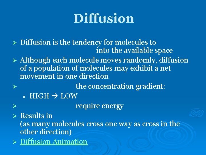 Diffusion Ø Ø Ø Diffusion is the tendency for molecules to into the available Diffusion Ø Ø Ø Diffusion is the tendency for molecules to into the available