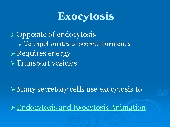 Exocytosis Ø Opposite of endocytosis l To expel wastes or secrete hormones Ø Requires Exocytosis Ø Opposite of endocytosis l To expel wastes or secrete hormones Ø Requires