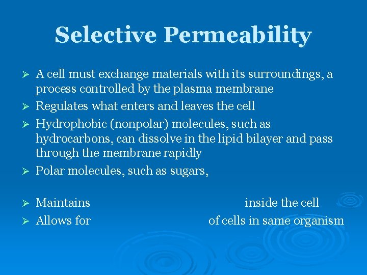 Selective Permeability A cell must exchange materials with its surroundings, a process controlled by Selective Permeability A cell must exchange materials with its surroundings, a process controlled by