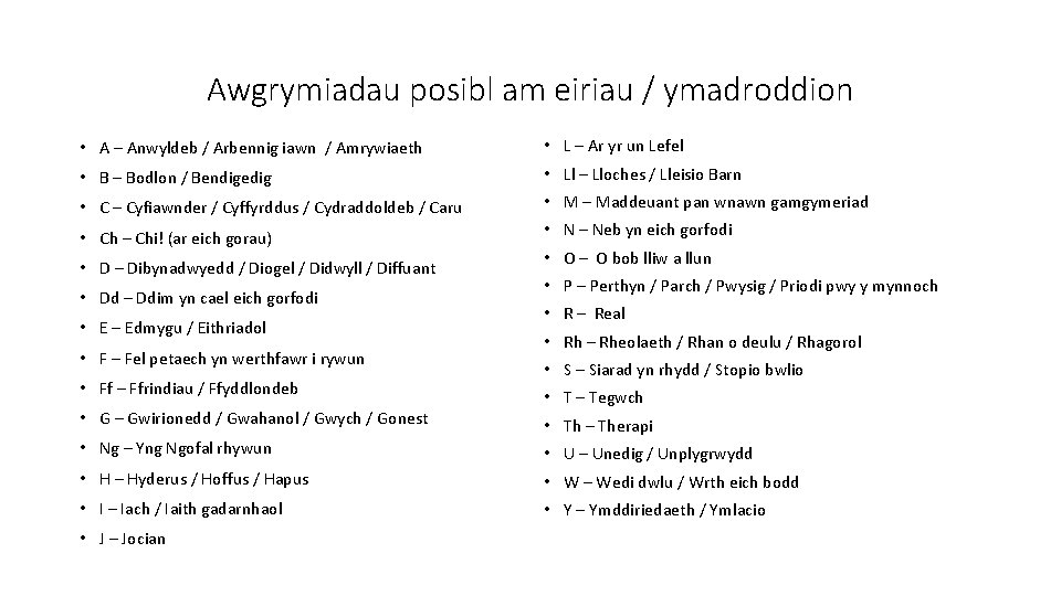 Awgrymiadau posibl am eiriau / ymadroddion • A – Anwyldeb / Arbennig iawn /