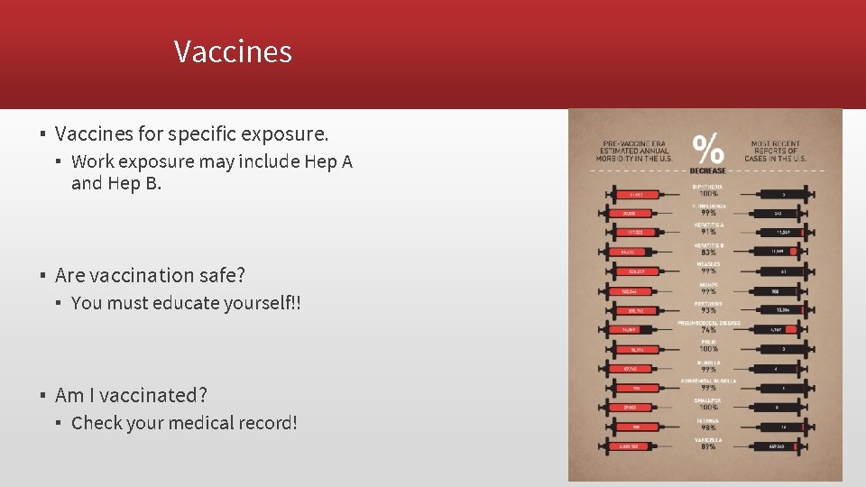 Vaccines ▪ Vaccines for specific exposure. ▪ Work exposure may include Hep A and