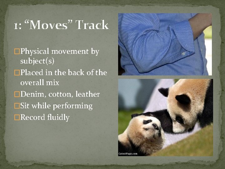 1: “Moves” Track �Physical movement by subject(s) �Placed in the back of the overall