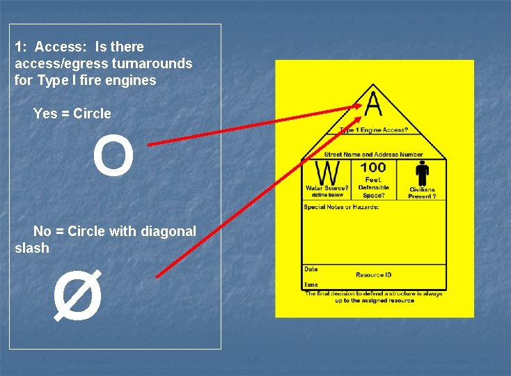 1: Access: Is there access/egress turnarounds for Type I fire engines Yes = Circle