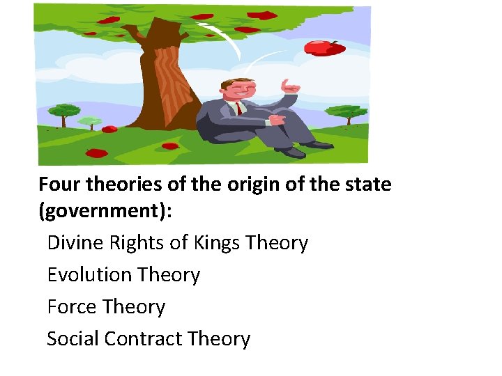 Four theories of the origin of the state (government): Divine Rights of Kings Theory