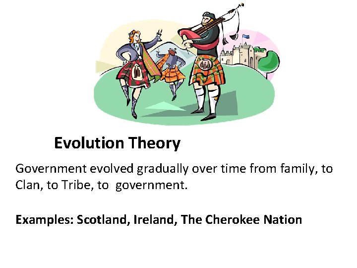Evolution Theory Government evolved gradually over time from family, to Clan, to Tribe, to