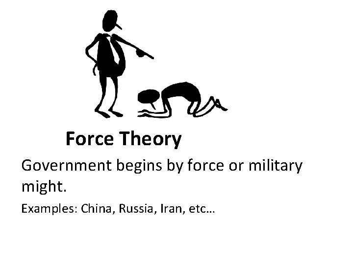 Force Theory Government begins by force or military might. Examples: China, Russia, Iran, etc…