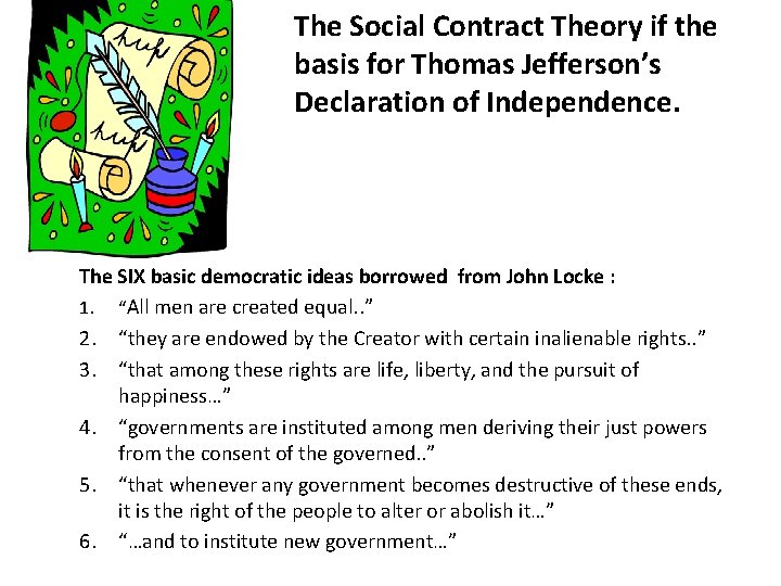 The Social Contract Theory if the basis for Thomas Jefferson’s Declaration of Independence. The