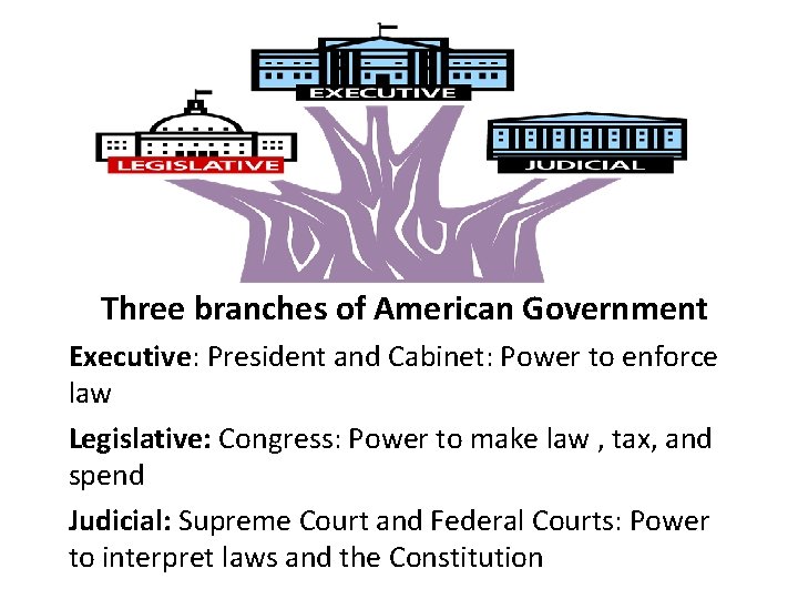 Three branches of American Government Executive: President and Cabinet: Power to enforce law Legislative: