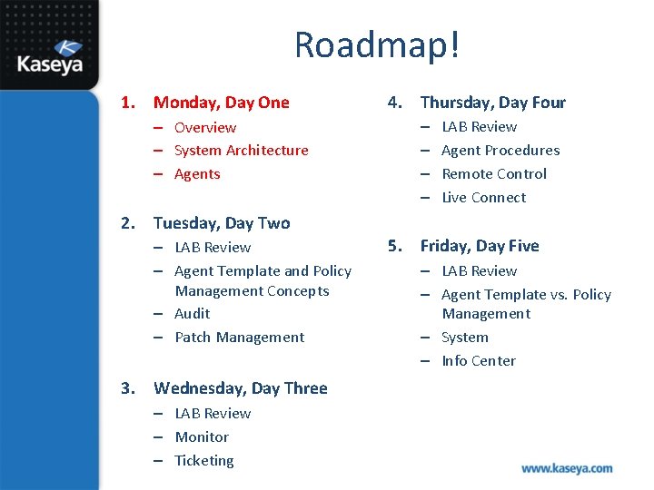 Roadmap! 1. Monday, Day One – Overview – System Architecture – Agents 4. Thursday,