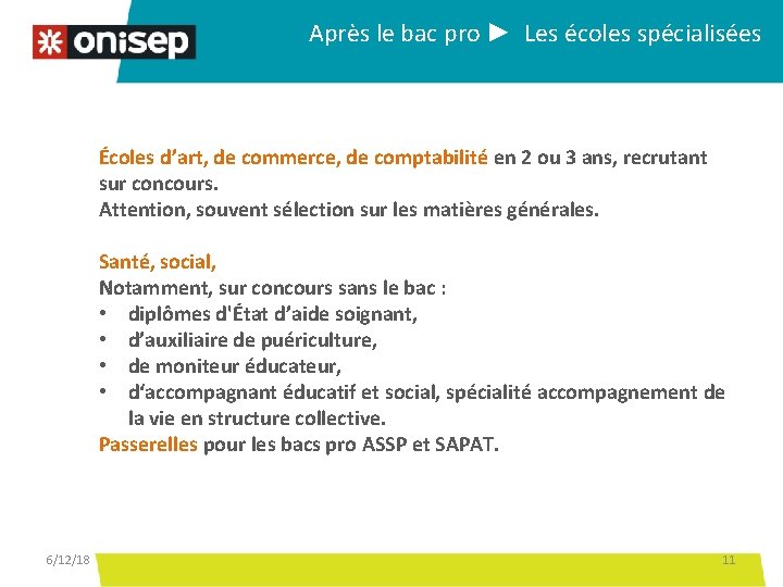 Après le bac pro ► Les écoles spécialisées Écoles d’art, de commerce, de comptabilité