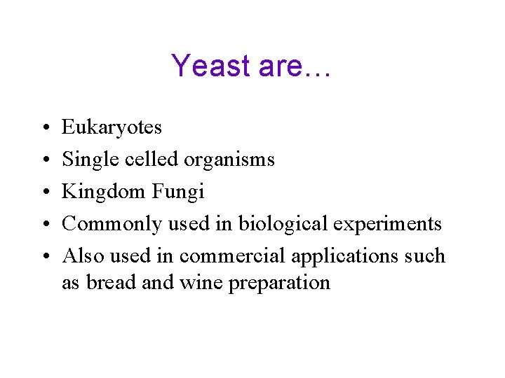 Yeast are… • • • Eukaryotes Single celled organisms Kingdom Fungi Commonly used in