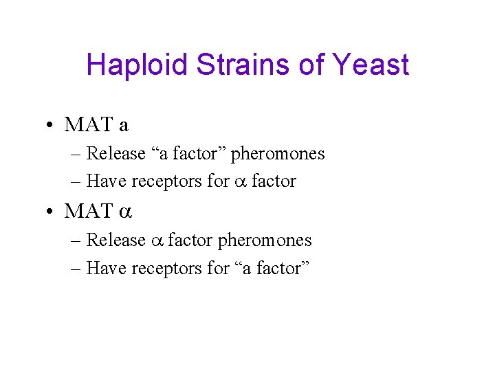Haploid Strains of Yeast • MAT a – Release “a factor” pheromones – Have