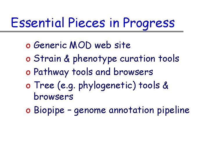 Essential Pieces in Progress o o Generic MOD web site Strain & phenotype curation