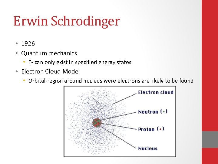 Erwin Schrodinger • 1926 • Quantum mechanics • E- can only exist in specified Erwin Schrodinger • 1926 • Quantum mechanics • E- can only exist in specified