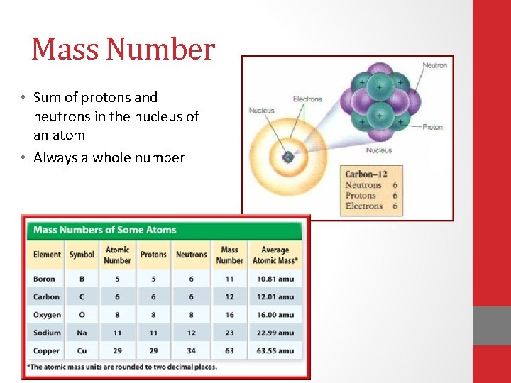 Mass Number • Sum of protons and neutrons in the nucleus of an atom Mass Number • Sum of protons and neutrons in the nucleus of an atom