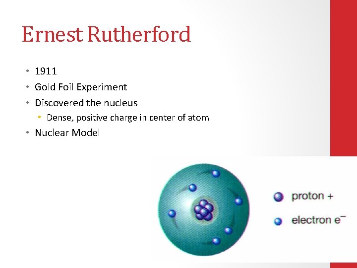 Ernest Rutherford • 1911 • Gold Foil Experiment • Discovered the nucleus • Dense, Ernest Rutherford • 1911 • Gold Foil Experiment • Discovered the nucleus • Dense,