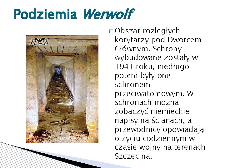 Podziemia Werwolf � Obszar rozległych korytarzy pod Dworcem Głównym. Schrony wybudowane zostały w 1941