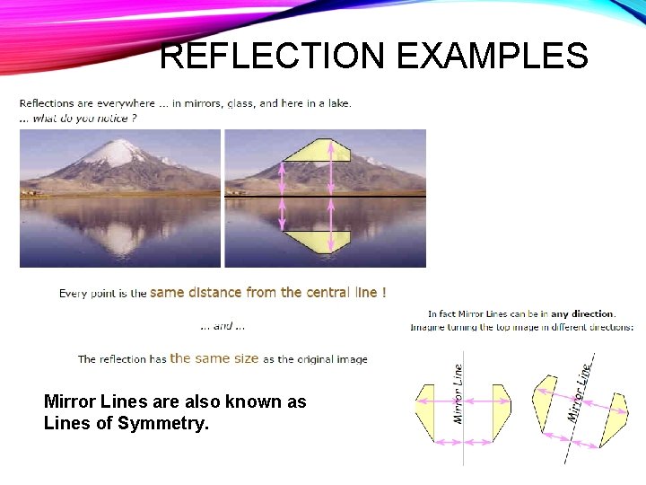 REFLECTION EXAMPLES Mirror Lines are also known as Lines of Symmetry. 