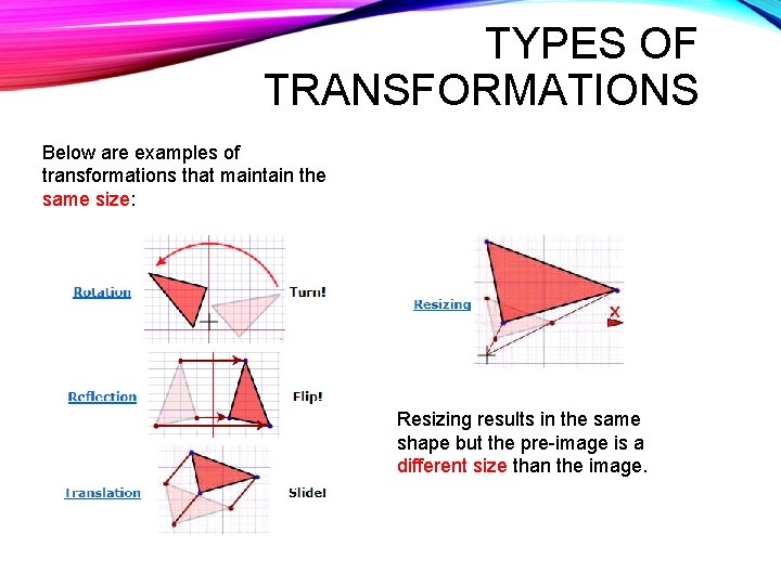 TYPES OF TRANSFORMATIONS Below are examples of transformations that maintain the same size: Resizing