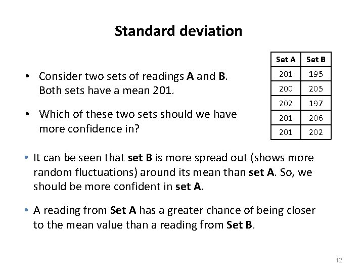 Standard deviation • Consider two sets of readings A and B. Both sets have Standard deviation • Consider two sets of readings A and B. Both sets have
