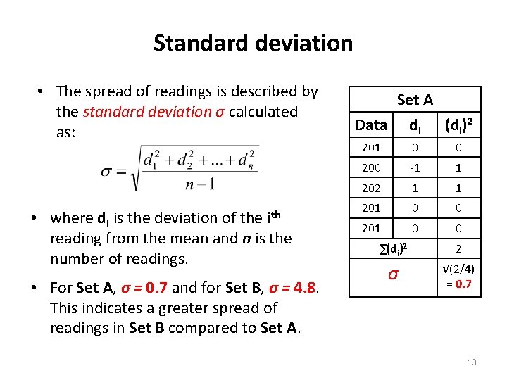 Standard deviation • The spread of readings is described by the standard deviation σ Standard deviation • The spread of readings is described by the standard deviation σ