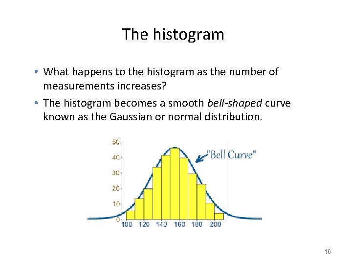 The histogram • What happens to the histogram as the number of measurements increases? The histogram • What happens to the histogram as the number of measurements increases?