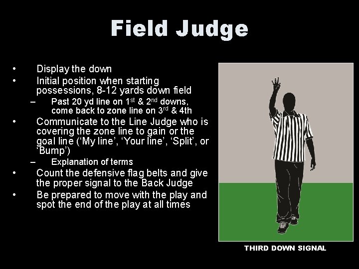 Field Judge • • Display the down Initial position when starting possessions, 8 -12