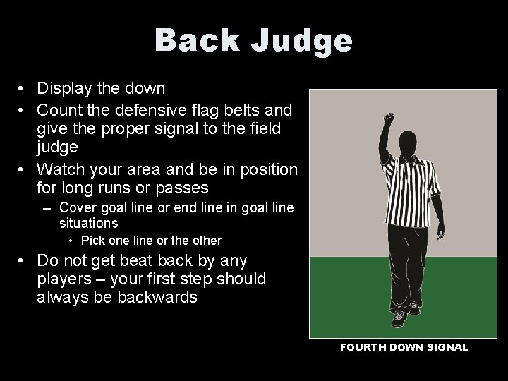 Back Judge • Display the down • Count the defensive flag belts and give